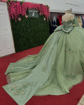 Mint Green Sequined Ball Gown Off-Shoulder Sleeveless Tulle Dress with 3D Flower Appliques & Bow Detail for Quinceanera Sweet 16 or Birthday Parties